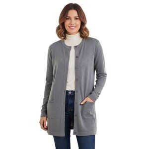 J. Jill Gray Long Line Wool Blend Rounded Hem Pockets Cardigan Sweater Size M